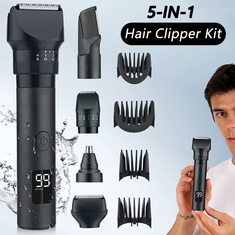 Men'S Grooming Electric Trimmer - 5-in-1 Draadloze Haarkapper met LED-display, Baarden-/neustrimmer